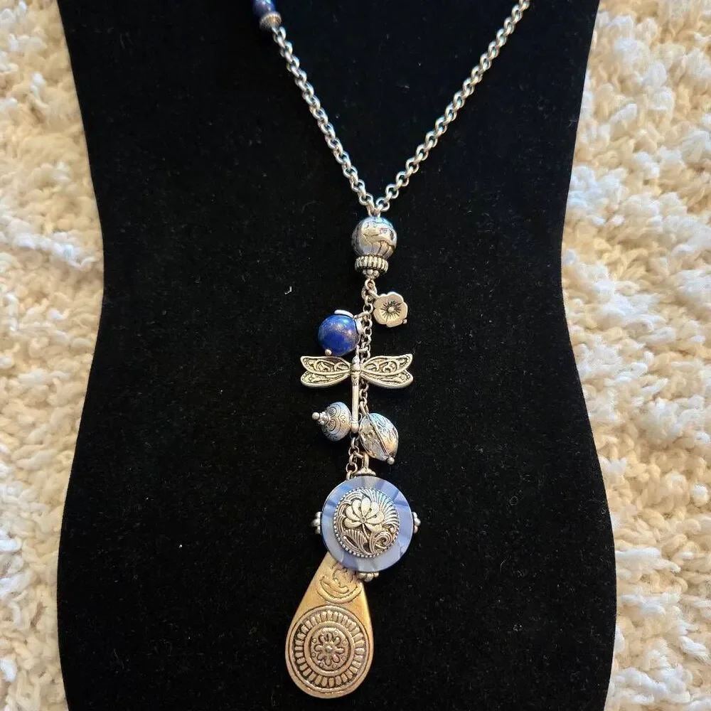 Chico's Long Charm Necklace Silver & Blue Stone